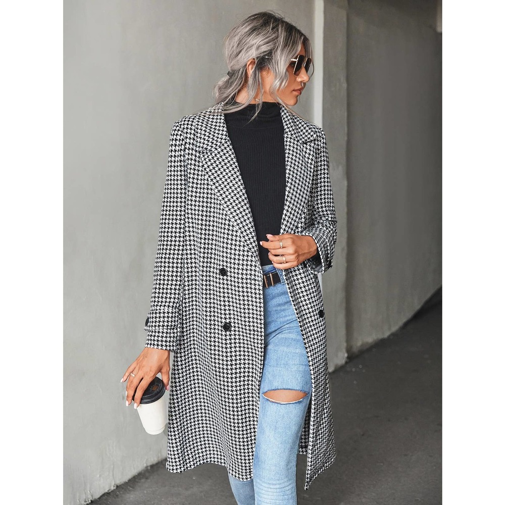 Houndstooth Lapel Collar Double Breasted Overcoat pea coat - Picture 5 of 8